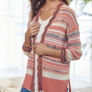 Soft Surroundings Large Cardigan Sweater Coral Orange Stripe Open Artist Cardi